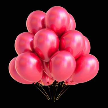 pembe modern balon grup. Doğum günü, yıldönümü, parti dekorasyon helyum balonları romantik balayı sembolü. 3D render, siyahta izole