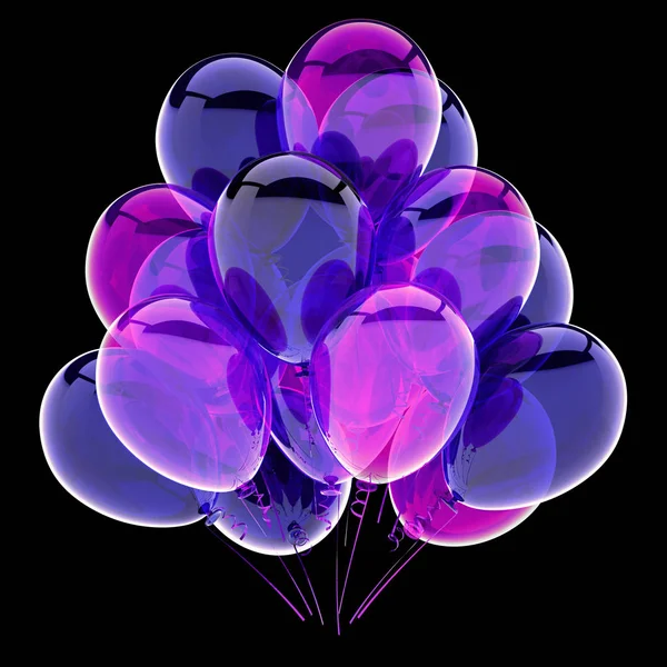 插图蓝色生日气球束五颜六色的紫色 晚会庆祝装饰图标的概念 黑色隔离 — 图库照片