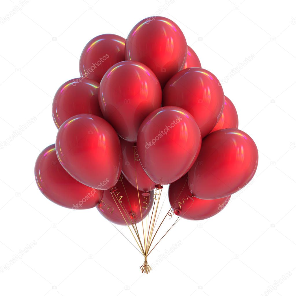 birthday party balloons bunch red flying decoration. 3d rendering isolated on white background