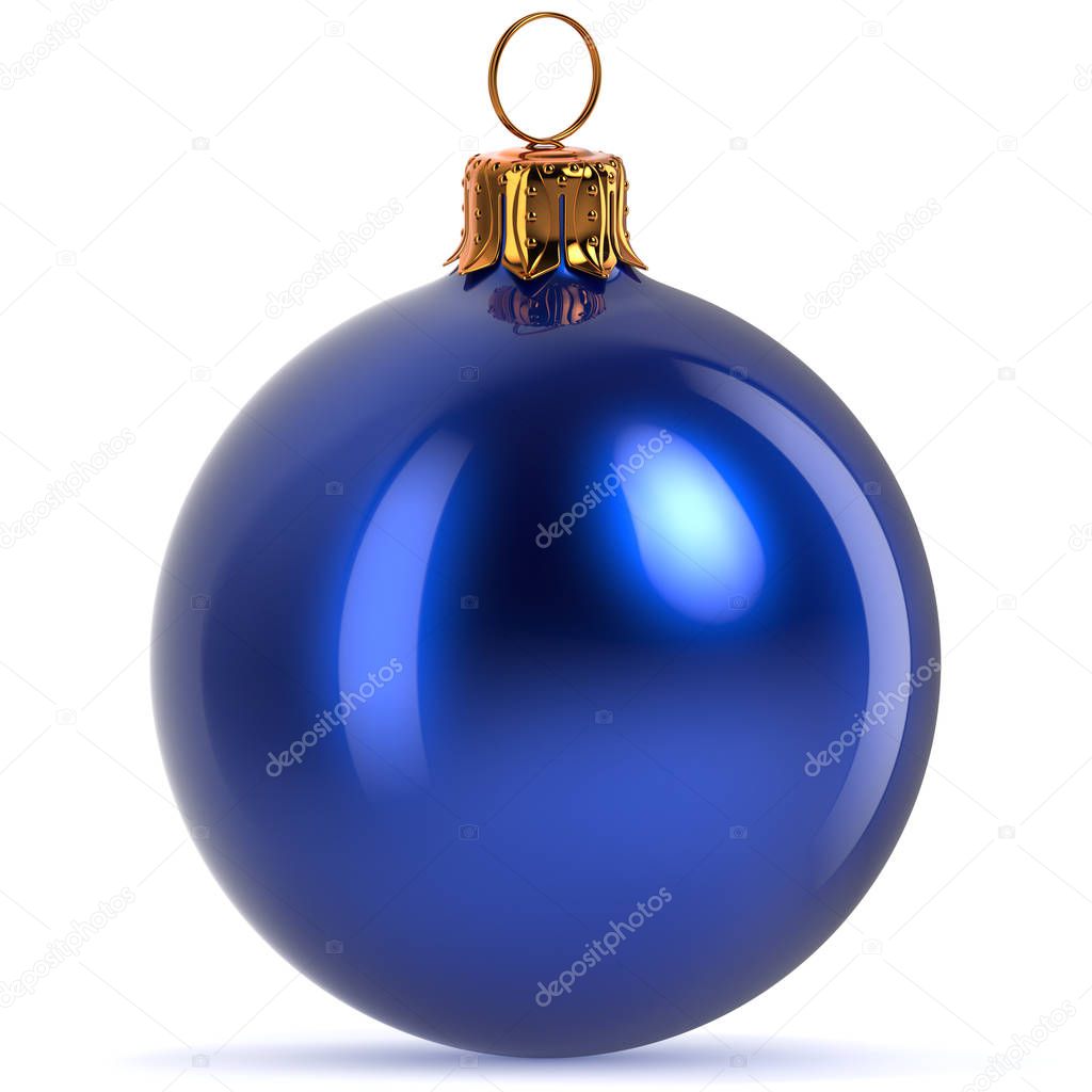 Christmas ball decoration blue New Year's Eve hanging bauble adornment traditional Happy Merry Xmas wintertime ornament polished closeup. 3d rendering