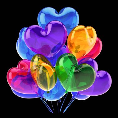 balon renkli kalpler partisi dekor mavi turuncu yeşil. Romantik Doğum günü, Sevgililer günü dekorasyon parlak çok renkli. Aşk kutlama tebrik kartı. 3d illüstrasyon izole siyah üzerine,