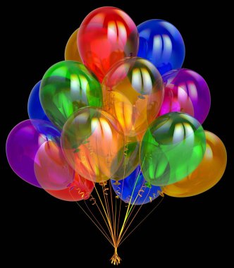 renkli kutlama balonları bir Doğum günü partisi dekorasyon çok renkli grup. 3d illüstrasyon izole siyah üzerine,