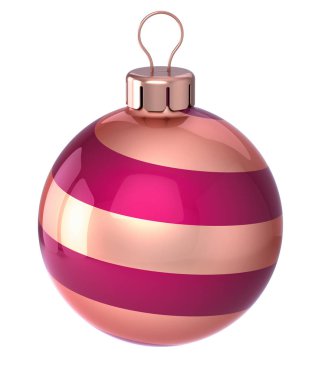 önemsiz şey Noel top dekorasyon closeup kırmızı altın çizgili modern dekor. Yılbaşı gecesi neşeli Noel Kış süs parlak süsleme geleneksel, asılı. 3D çizim