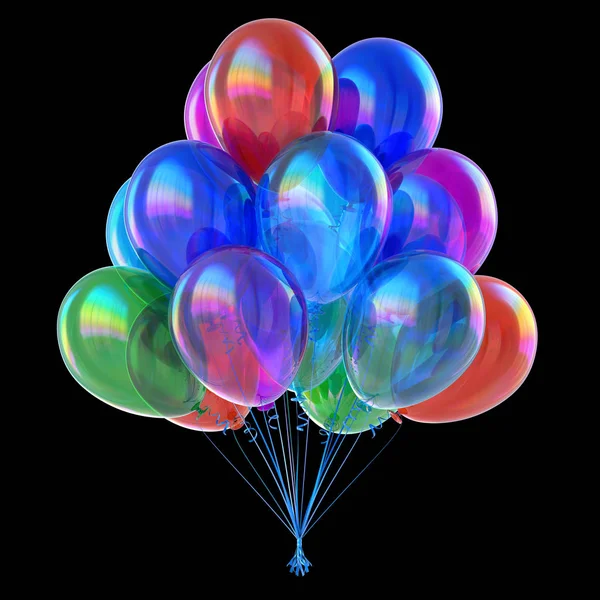 party colorful balloons bunch. celebrate decoration icon multicolor helium balloon. 3d illustration, isolated on black
