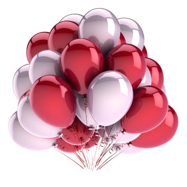 Karnaval parti balonları kırmızı beyaz Doğum dekorasyon. Festival helyum balon grup parlak. yıldönümü kutlamaları, tatil sembolü renkli. 3D çizim