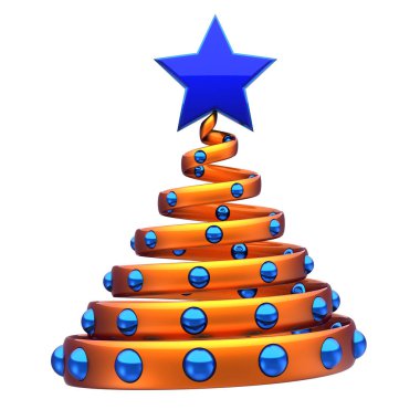 Noel ağacı süsleme altın mavi topları soyut ve star. New Year's Eve köknar helix Hatıra süsleme stilize. Xmas kış simgesi. 3D çizim