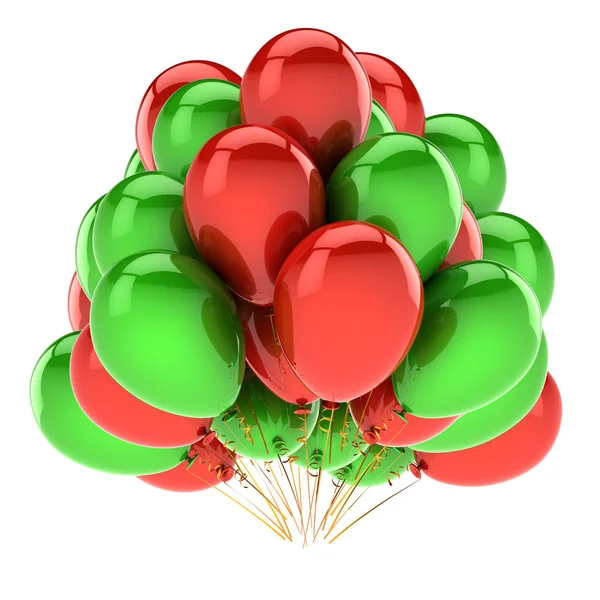 bunch balloons red green birthday party holiday decoration colorful glossy. carnival, anniversary celebration symbol. 3d rendering