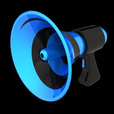 megafon mavi siyah şık iletişim megafon Haberler blog hoparlör. ileti simgesi, duyuru simgesi kavramı. 3D render, siyahta izole