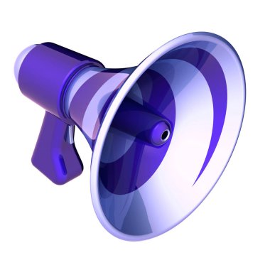 Haberler blog megafon hoparlör mavi. iletişim, duyuru sembolü. megafon tüp şık. eğlence, reklam, mesaj kavramı. 3D render