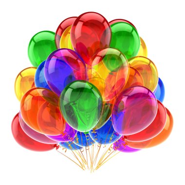 Parti Balon Doğum günü karnaval dekorasyon çok renkli. helyum balonları renkli grup. Mutlu yeni yıl mutlu Noeller tebrik kartı tasarım öğesi. 3D render