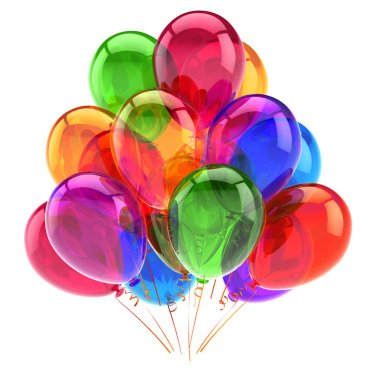 İyi ki doğdun parti balon renkli. Karnaval dekorasyon çok renkli parlak. kutlama tebrik kartı tasarım öğesi. 3D render illüstrasyon
