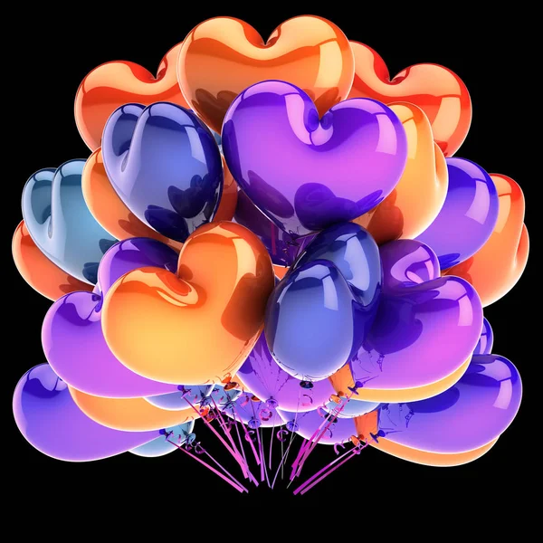 バルーン ハート形の色鮮やかな束の誕生日パーティーの装飾色とりどりオレンジ青紫 図では 黒の分離 — ストック写真