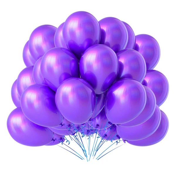 mor balon Grup, Doğum günü parti dekorasyon mor parlak, helyum balon parlak mavi renkli. 3D render illüstrasyon