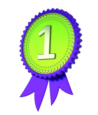 ilk 1. sıra mor yeşil şerit, bir 1 madalya ödülü. Başarı başarı, şampiyon kazanan ödül sembolü kavramı. 3D render, izole