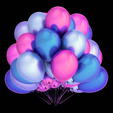 helyum balon grup mor mavi menekşe, Doğum günü dekorasyon parlak, parti balonu parlak renkli. 3d illüstrasyon izole siyah üzerine,