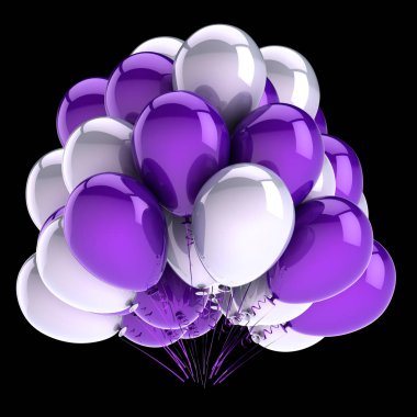 mor beyaz parti balonu yıllar, karnaval dekorasyon renkli grup. 3D render, siyah arka plan üzerine izole