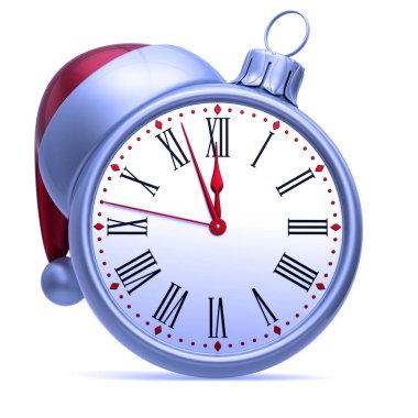 gece yarısı saat saat yüzünü Noel top beyaz gümüş kırmızı, New Year's Eve saat, son dakika geri sayım, Santa şapka dekorasyon süs süsleme. Geleneksel kış tatil basınç. 3D render
