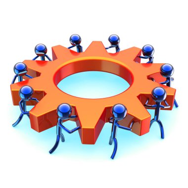 alt karakter insan kaynakları işbirliği kavramı. Ortaklık dişli çark takım çalışması, mavi erkekler turuncu karikatür dönüm. işçi iş işlem simgesi. 3D render