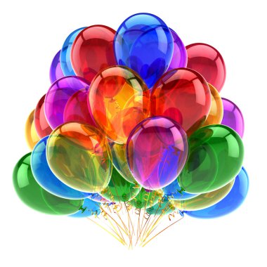 renkli Doğum günü parti balonu karnaval dekorasyon çok renkli grup. Mutlu yeni yıl neşeli Noel Noel tebrik kartı tasarım öğesi. 3D render