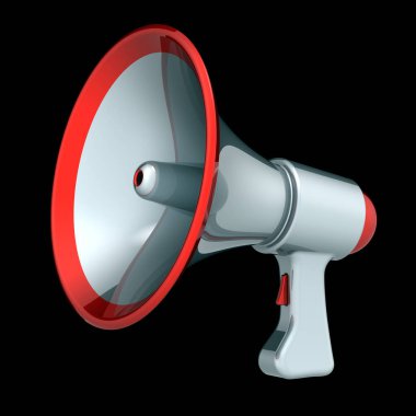 iletişim, haber blog, megafon hoparlör megafon gümüş beyaz kırmızı şık. ileti, duyuru simgesi kavramı. 3d illüstrasyon izole siyah üzerine,