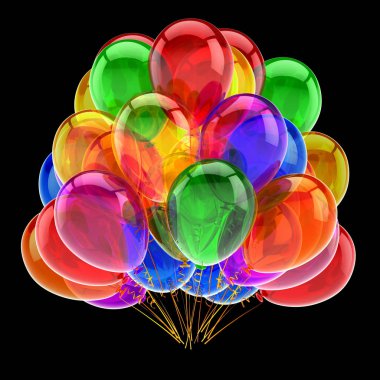 Karnaval parti balon dekorasyon doğum günü çok renkli grup. helyum balonu renkli. New Year's Eve mutlu Noeller davetiye tasarım öğesi. 3D render, siyahta izole