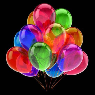 renkli mutlu yıllar parti balonu bir grup. Karnaval dekorasyon çok renkli parlak. kutlama tebrik kartı tasarım öğesi. 3D render, siyahta izole
