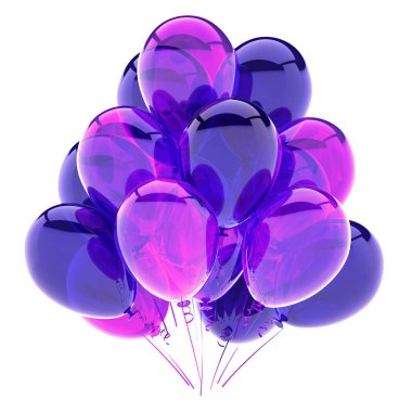 mor balon Grup, Doğum günü parti dekorasyon mor parlak, helyum balon parlak renkli mavi saydam. 3D render illüstrasyon