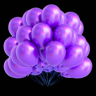mor balon 3D çizimi Grup, Doğum günü parti dekorasyon parlak, helyum balonlar parlak renkli mavi menekşe. siyah izole