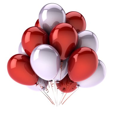 renkli parti balonları kırmızı beyaz Doğum dekorasyon. Festival helyum balon grup parlak. yıldönümü kutlamaları, karnaval sembolü. 3D render