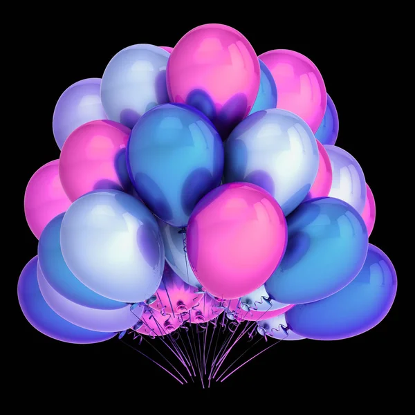 helium balloon bunch purple blue violet, birthday decoration glossy, party balloons shiny colorful. 3d illustration, isolated on black