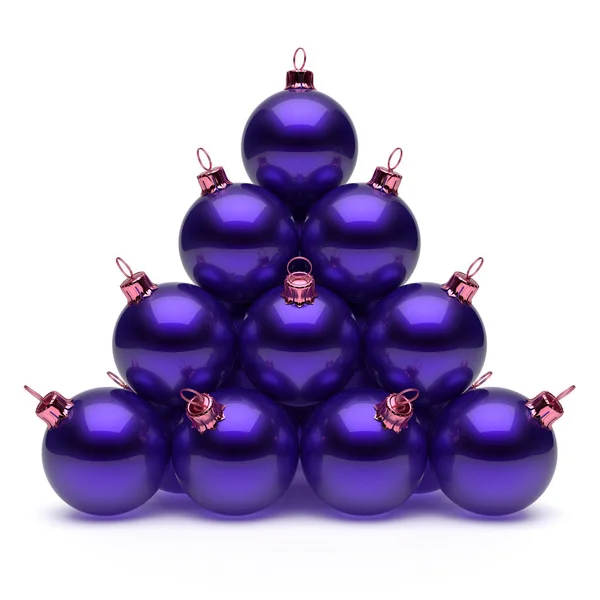 クリスマス ボール紫青ピラミッド ピカピカ 幸せな新しい年つまらないものは 綺麗な飾りをグループ化します メリー クリスマス最高グリーティング カード テンプレートです レンダリング — ストック写真