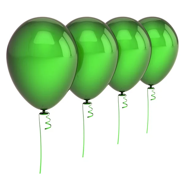 Vier Groene Partij Ballonnen Lege Gearrangeerde Rij Verjaardag Verjaardag Versiering — Stockfoto