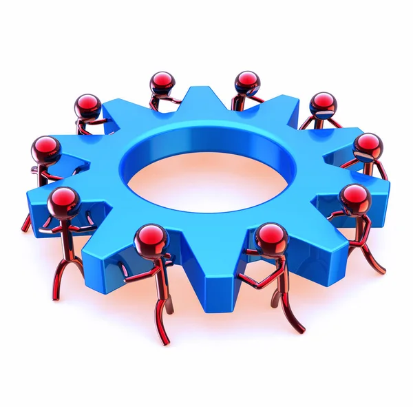 Partnership Gearwheel Gear Wheel Team Work Red Men Turning Blue — Stock Photo, Image