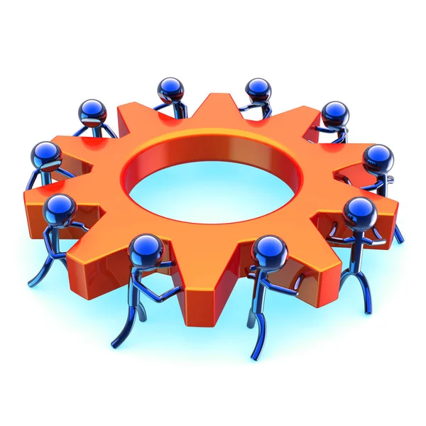 worker characters human resources cooperation concept. partnership gear wheel teamwork, blue men turning orange cogwheel. workman business process icon. 3d rendering