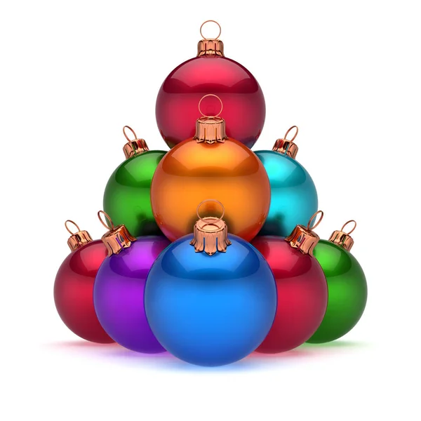 Colorful Christmas Balls Pyramid Arranged Shiny Happy New Year Baubles — Stock Photo, Image