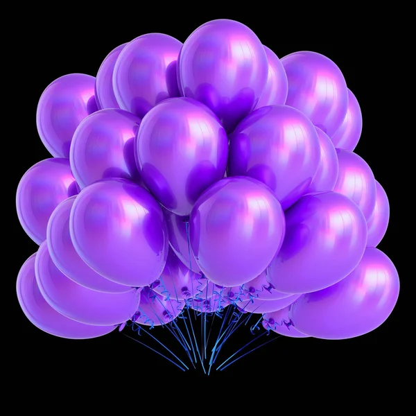 紫色のバルーンの イラストレーション束 誕生日パーティーの装飾は光沢のある ヘリウム風船の光沢のある青紫色 黒の分離 — ストック写真