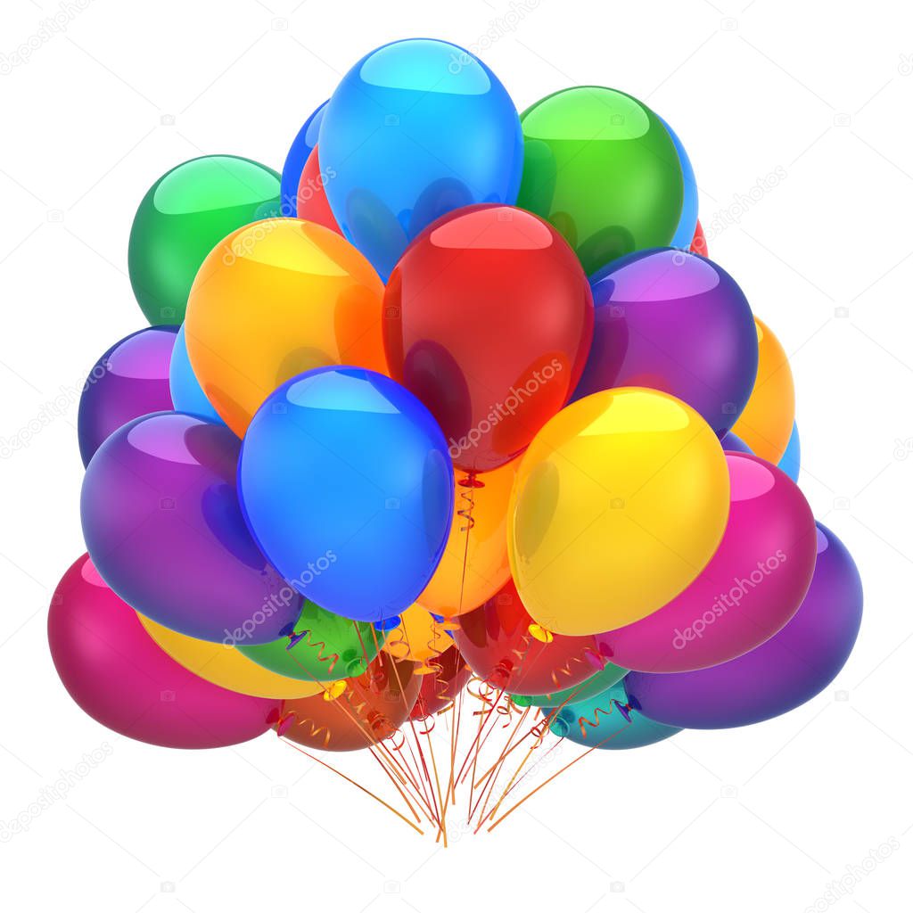 bunch of party helium balloons colorful. happy birthday decoration multicolor shiny. holiday carnival anniversary celebration fun joy symbol. 3d rendering