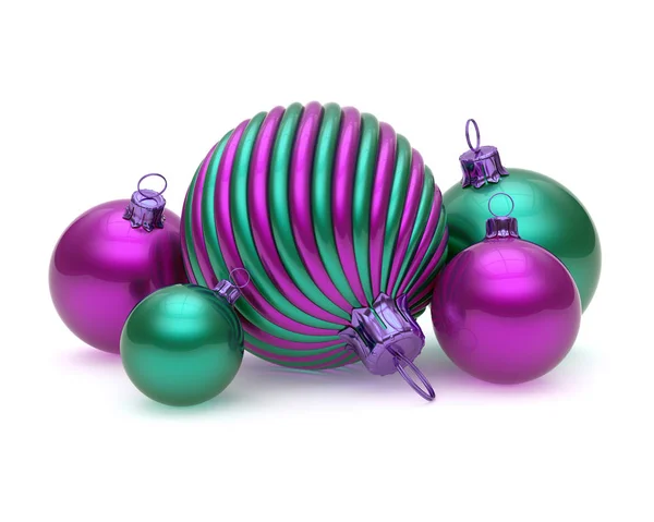 Bolas Natal Decoração Colorida Bugigangas Roxas Verdes Brilhantes Ano Novo — Fotografia de Stock
