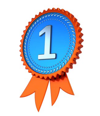 mavi turuncu şerit bir 1 numaralı madalya ödülü. 1 ilk başarı başarı, şampiyon kazanan ödül sembolü kavramı yer. 3D render