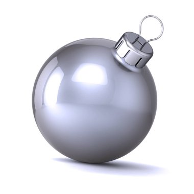 Gümüş Noel top beyaz dekorasyon metalik boş, Happy New Year önemsiz şey krom, kış dekor süsleme, modern geleneksel Xmas sembolü. 3D çizim