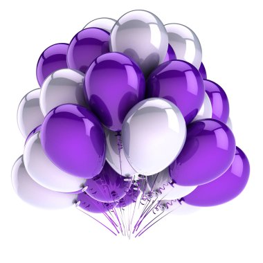 Doğum günü balonları mor beyaz mavi grup. Parti dekorasyon güzel. karnaval kutlama sembolü renkli. 3D çizim