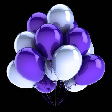 Doğum günü balon grup mavi beyaz parti. yıldönümü dekorasyon. karnaval kutlama sembolü. 3D render. siyah arka plan üzerine izole
