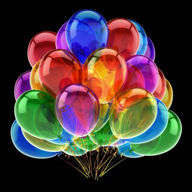 Yeni yıl mutlu Noeller parti balon grup. Karnaval, Doğum günü dekorasyon çok renkli. Helyum balonları renkli davetiye tasarım öğesi. 3D çizim. Siyah izole