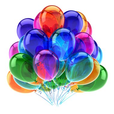 renkli parti balon Doğum günü dekorasyon çok renkli. büyük helyum balon grup parlak güzel. tatil, yıldönümü, kutlama tebrik kartı. 3D çizim