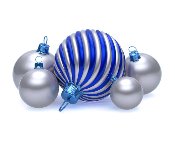Neujahrstag Weihnachtskugel Gruppe Dekoration Glänzend Silber Weiß Blau Kugeln Winter — Stockfoto