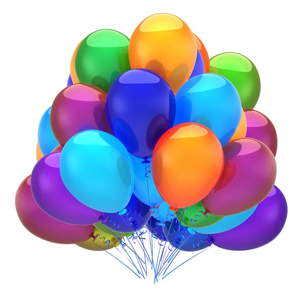 お祝いのシンボル 色とりどりのヘリウム風船の大きな束 誕生日パーティーのカラフルな装飾 レンダリング 黒に分離 — ストック写真