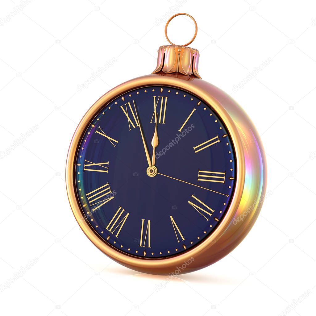 Clock New Year's Eve midnight last hour time countdown pressure, Christmas ball decoration ornament black golden adornment bauble. Happy wintertime holidays begin. 3d illustration