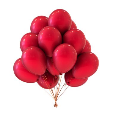 Kırmızı helyum balonlar Grup, Doğum günü, parti, tatil dekorasyon parlak. Karnaval, yıldönümü kutlama sembolü. 3D render, izole