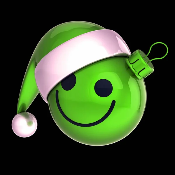 グリーン クリスマス ボール スマイル顔の絵文字 大晦日の安物の宝石サンタ クロース帽子漫画装飾かわいい 陽気な面白いコンセプト 図では 黒の分離 — ストック写真