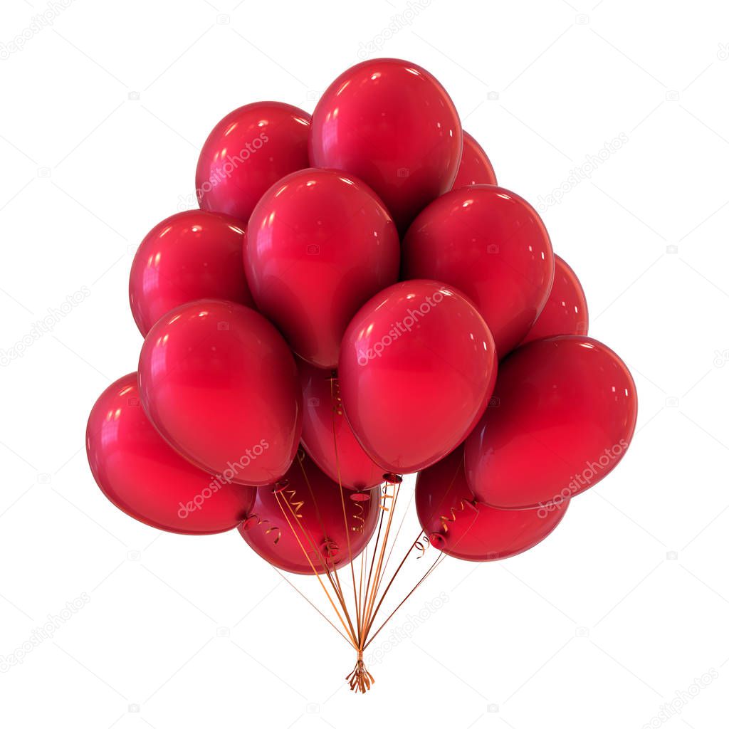 red helium balloons bunch, birthday, party, holiday decoration glossy. carnival, anniversary celebration symbol. 3d rendering, isolated